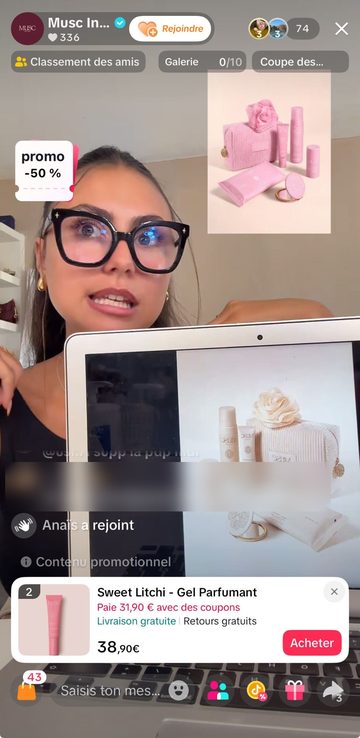 Live shopping Musc Intime sur TikTok Shop, produit épinglé et bouton d'achat